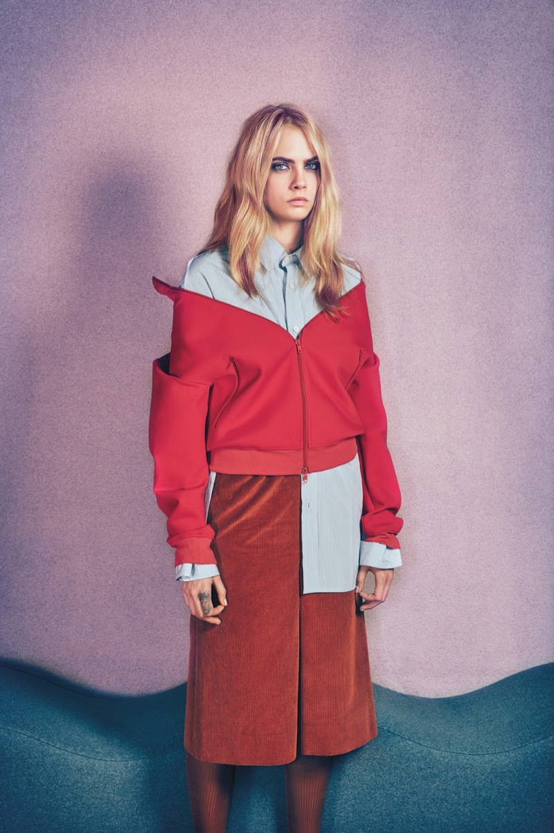 Cara poses in Balenciaga jacket, shirt and skirt