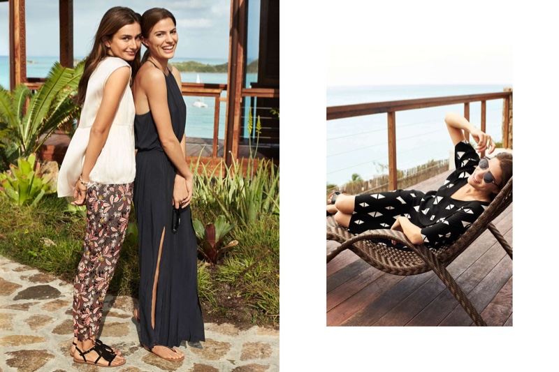 (Left) On Andreea) H&M Airy Blouse, Loose Fit Pants and Sandals with Fringe (Left) (On Cameron) H&M Maxi Dress and Sandals (Right) H&M Patterned Viscose Dress, Sunglasses and Slip-on Sandals