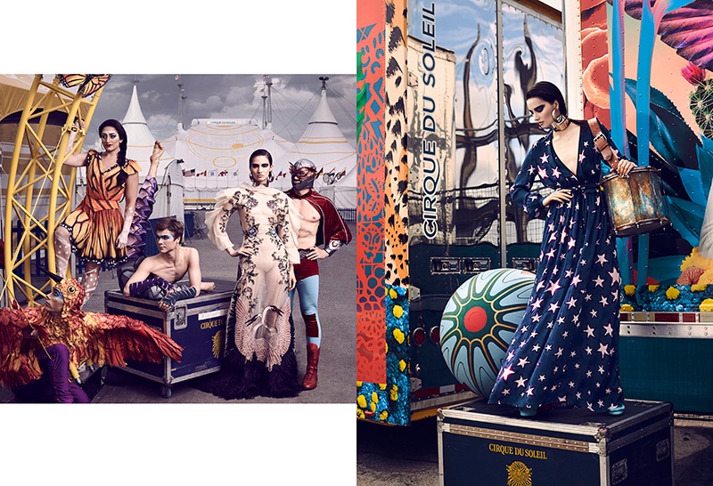 (Left) The model wears Gucci embroidered gown (Right) Mackenzie poses in Just Cavalli star print dress