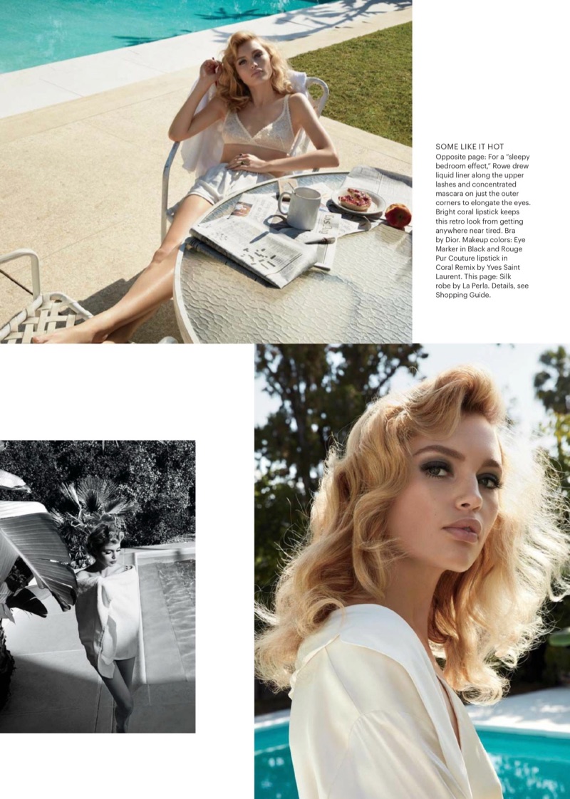 Posing poolside, Staz Lindes shows off a retro beauty look with her hair in romantic waves