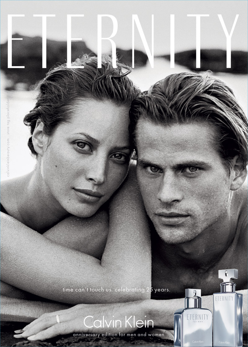 Calvin Klein 25th Anniversary Edition of "Eternity" Fragrance Ad with Christy Turlington & Mark Vanderloo photographed by Peter Lindbergh. Courtesy of CK