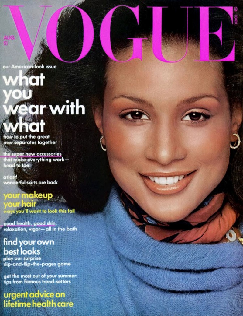 Beverly Johnson on Vogue's August 1974 cover. She was the first black model to cover the magazine and would appear on the magazine two times after.