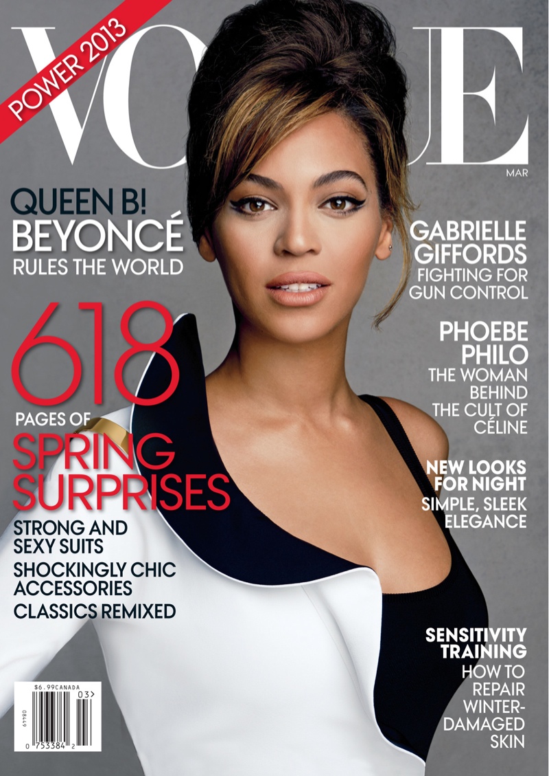 Beyonce poses on the March 2013 cover from Vogue. She has graced two covers of the magazine. 