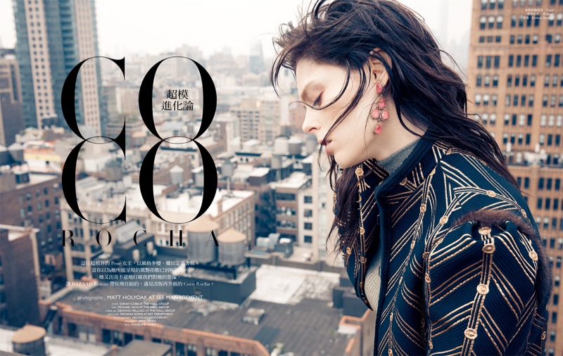 Coco Rocha poses in Gucci embroidered jacket with Jill Stuart sweater and Erickson Beamon earrings