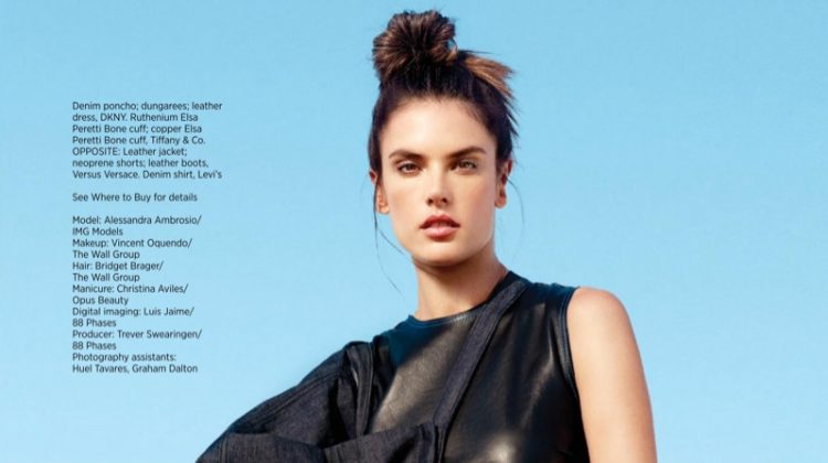 Looking strong, Alessandra Ambrosio models DKNY denim poncho, overalls and leather dress