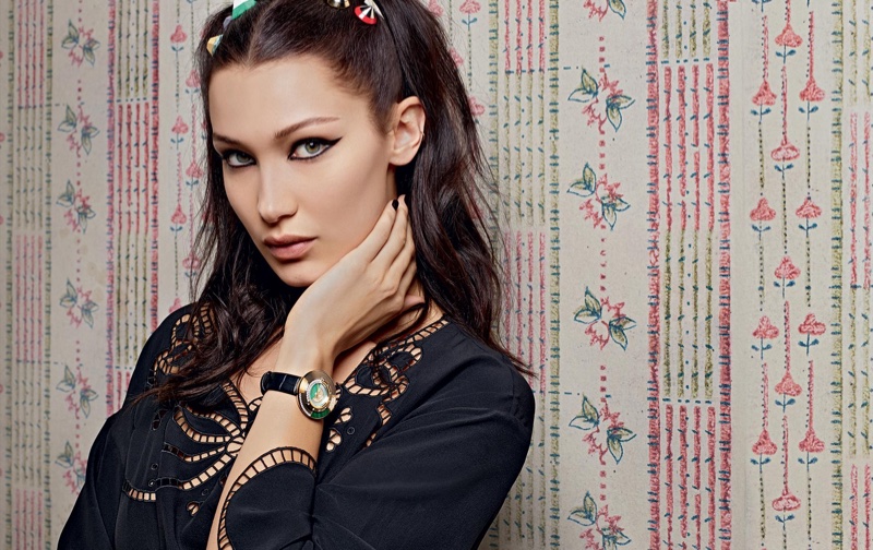 Bella Hadid wears embroidered shirt and watch in Fendi’s spring 2017 campaign