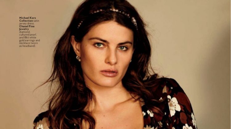 Isabeli Fontana models Michael Kors Collection floral print dress with Chanel Fine Jewelry necklace (worn as headband)