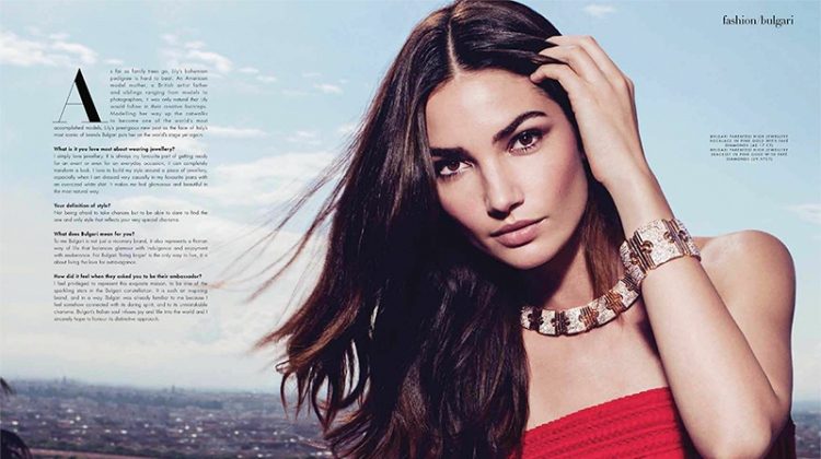 Standing out in red, Lily Aldridge poses with Bulgari Parentesi High Jewellery Necklace and Parentesi bracelet