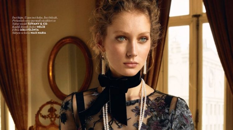 Sandra Martens models Tiffany & Co. jewelry with Melie choker, Asli Philante dress and Max Mara lingerie