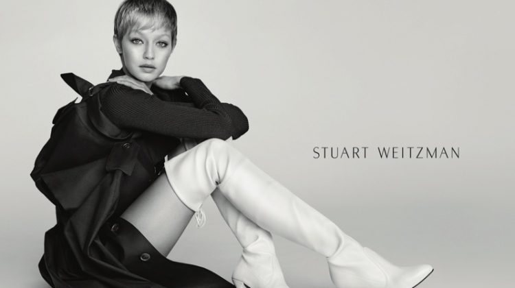 Model Gigi Hadid poses in Stuart Weitzman's Cling bootie