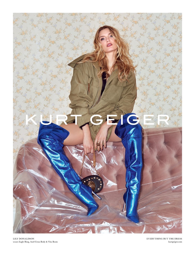 Lily Donaldson poses in thigh-high boots for Kurt Geiger’s fall-winter 2017 campaign