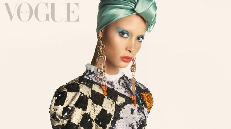 Adwoa Aboah wears sequined dress with puffed sleeves. Photo: Steven Meisel/Vogue UK