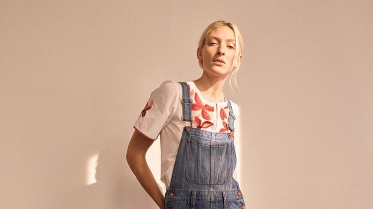 Madewell Embroidered Fable Top, Straight-Leg Overalls in Bernard Wash and The Gemma Mule in Leather