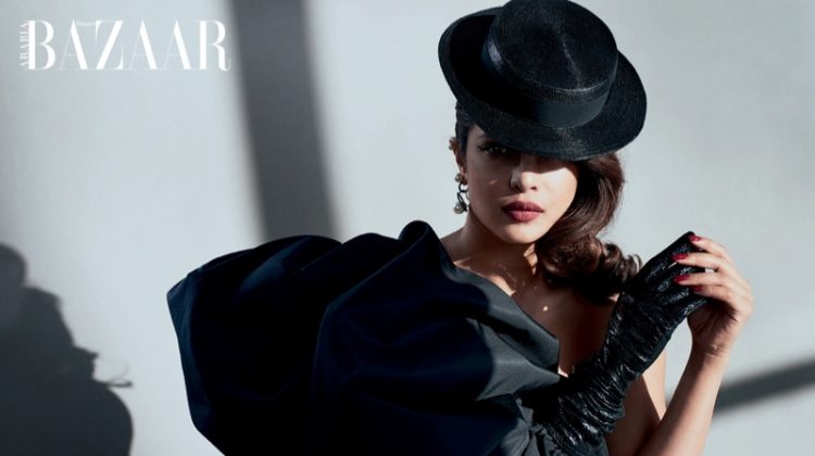 Actress Priyanka Chopra wears Saint Laurent dress, hat and earrings with LaCrasia gloves