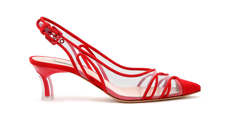 Casadei Kitten Plexi Blade Heels in Flame Red $870