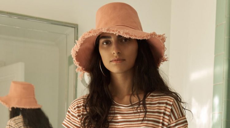 Madewell Whisper Cotton Crewneck Tee in Cordoba Stripe, Emmett Wide-Leg Crop Pants in Antique Coral Stripe, Canvas Bucket Hat and Oversized Hoop Earrings