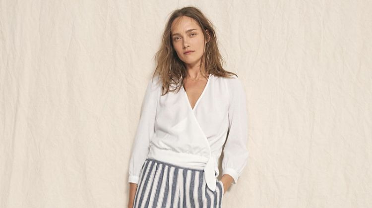 Madewell Wrap Top in Eyelet White, Huston Pull-On Crop Pants in Stripe and The Boardwalk Crossover Sandal