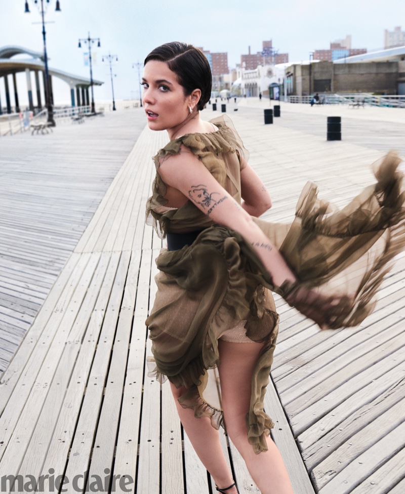 Halsey poses in Dior dress and Simon G. Jewelry earrings