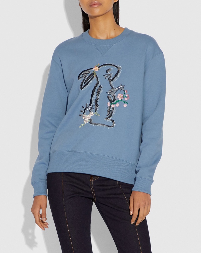 Coach x Selena Gomez Bunny Sweatshirt in Dusty Blue $250
