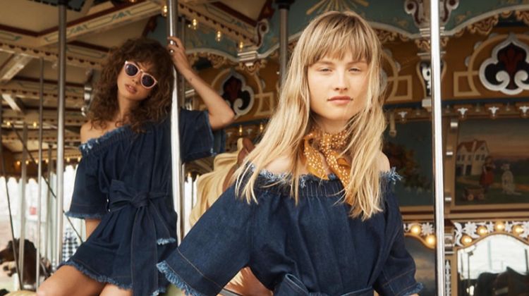 (Front) Madewell x Karen Walker Fathom Denim Off-the-Shoulder Dress and Madewell Bandana (Back) Madewell x Karen Walker Fathom Denim Off-the-Shoulder Dress and Helter Skelter Sunglasses