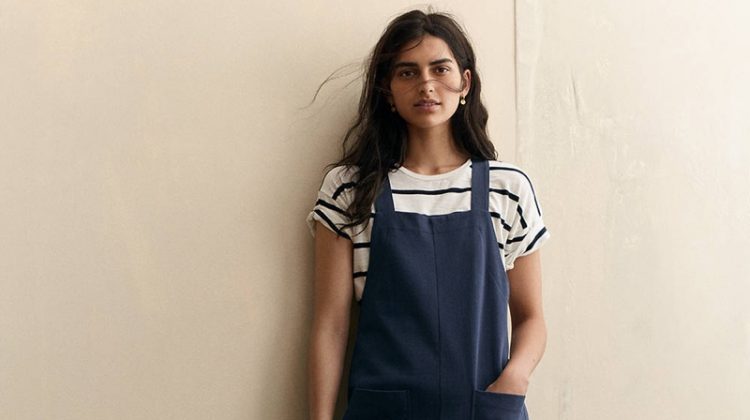 Madewell Whisper Cotton Crewneck Tee in Creston Stripe, Knit Patch Pocket Overalls and The Frances Loafer