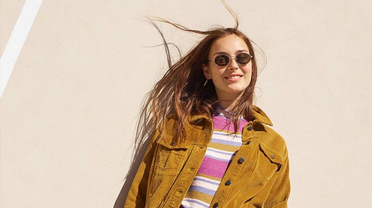 Madewell The Oversized Jean Jacket: Corduroy Edition, Mockneck Shirttail Tee in Stripe, 9" High-Rise Skinny Jean in Paloma Wash: Raw-Hem Edition and Wire-Rimmed Sunglasses