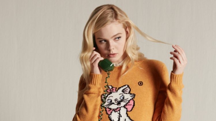 Elle Fanning wears Miu Miu Little Cats sweater collection