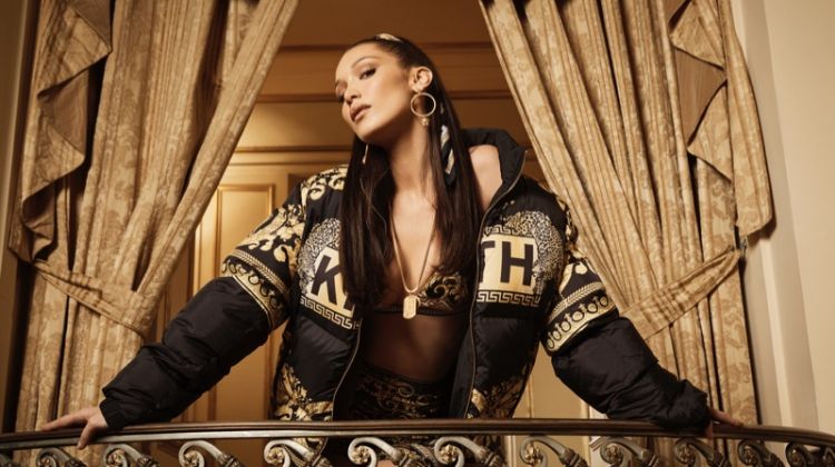 Bella Hadid poses in graphic jacket from Kith x Versace collaboration