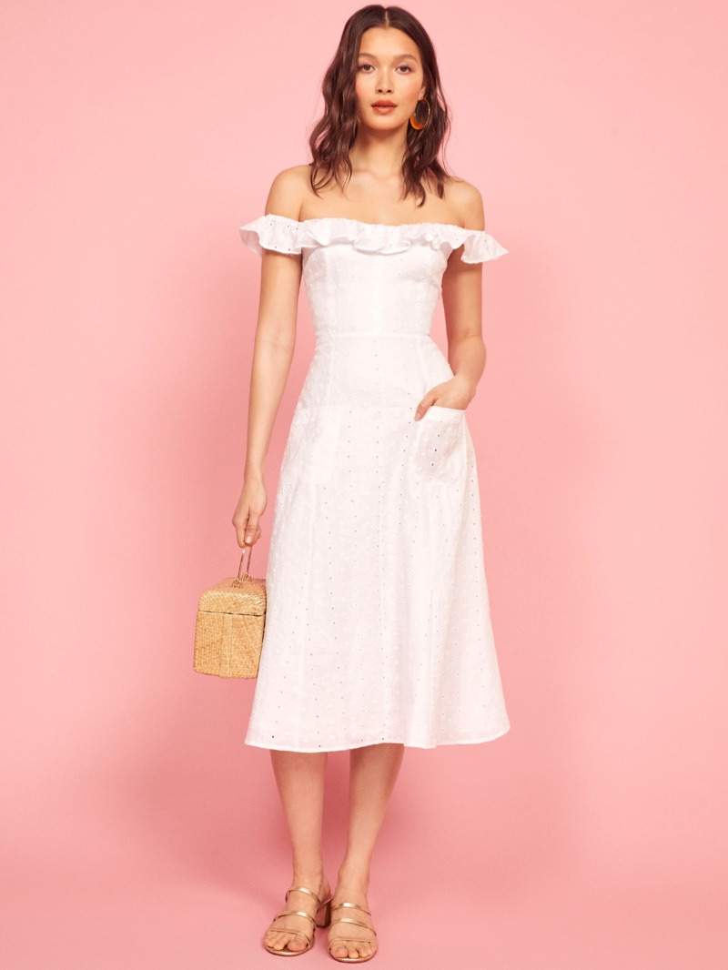 off shoulder white linen dress