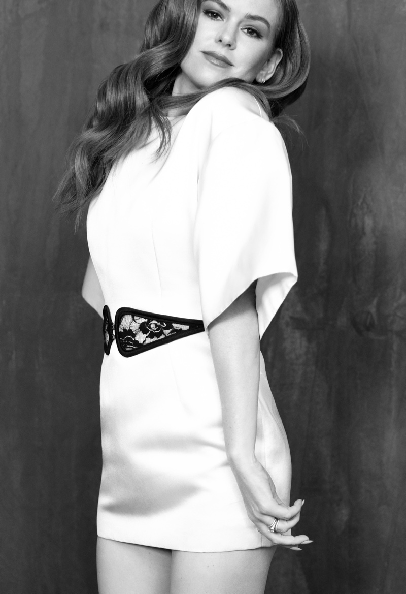 Actress Isla Fisher wears Christopher Kane dress and belt