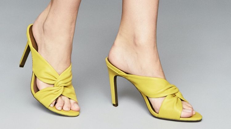 Reiss Ella Leather Twist Front Heeled Mules in Yellow $245