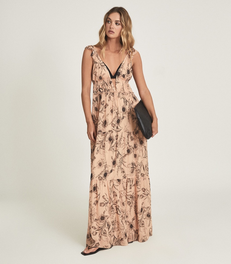 Reiss Peach Floral Printed Maxi Dress $395