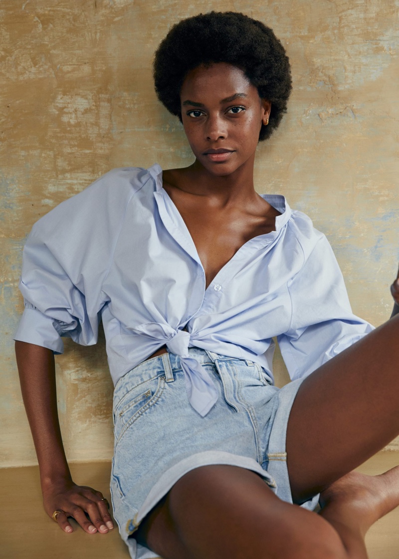 Mango Button-Up Shirt and Rolled-Up Hem Denim Shorts.