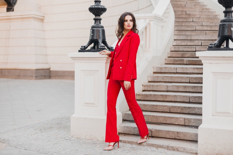 New Red Fashion Career Pant Suit Women Office Business Blazer Set With  Trouser | eBay