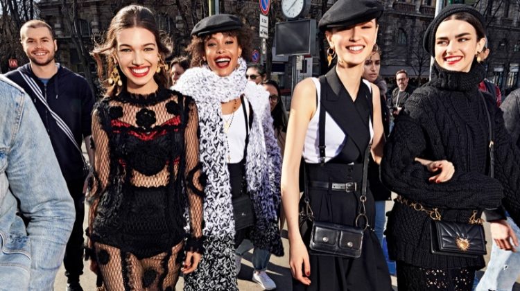 Models pose in Milan for Dolce & Gabbana fall 2020 campaign.