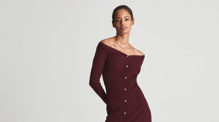 Reiss Camille Knitted Button Through Midi Dress in Burgundy $325