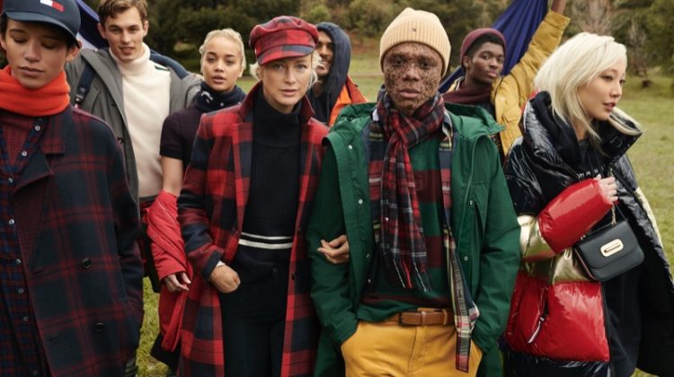 Dilone, Kit Butler, Jasmine Sanders, Carolyn Murphy, Alton Mason, Ralph Souffrant, and Soo Joo Park pose for Tommy Hilfiger fall-winter 2020 campaign.