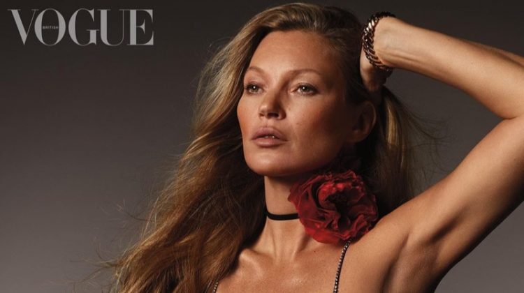Kate Moss poses in Celine dress with Carter watch and Peter Shams corsage.