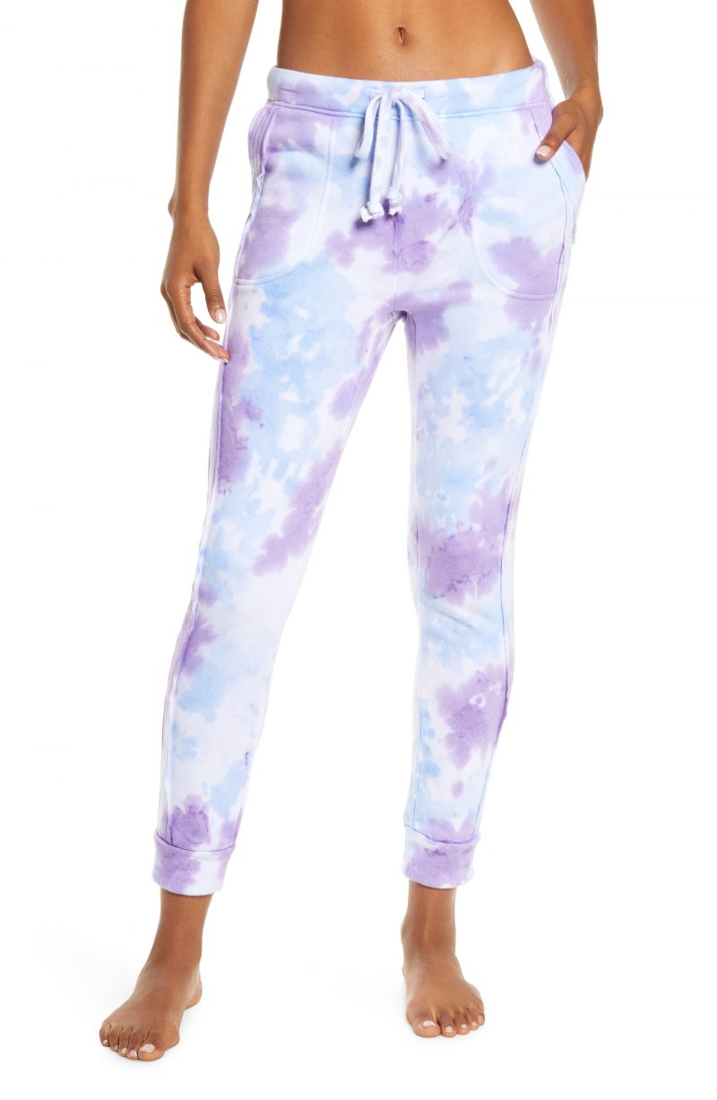 purple and white tie dye joggers