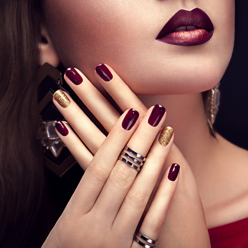 Burgundy Gold Nails Lipstick Beauty