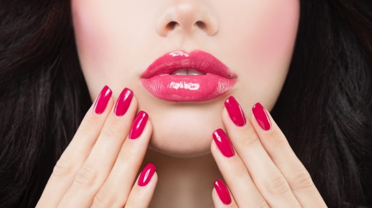 Closeup Model Pink Nail Polish Glossy Lips