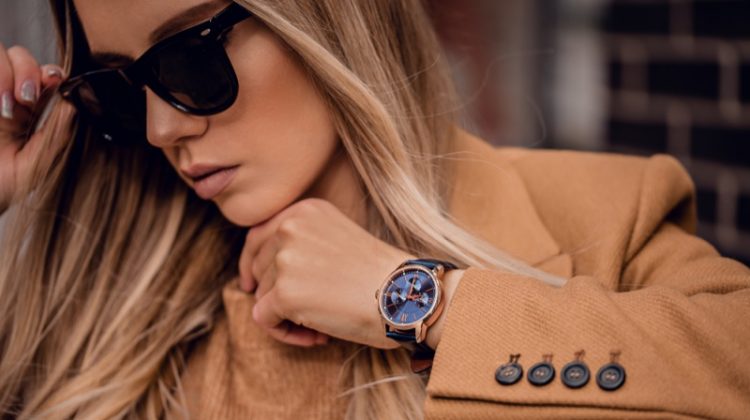 Stylish Woman Wearing Watch Sunglasses