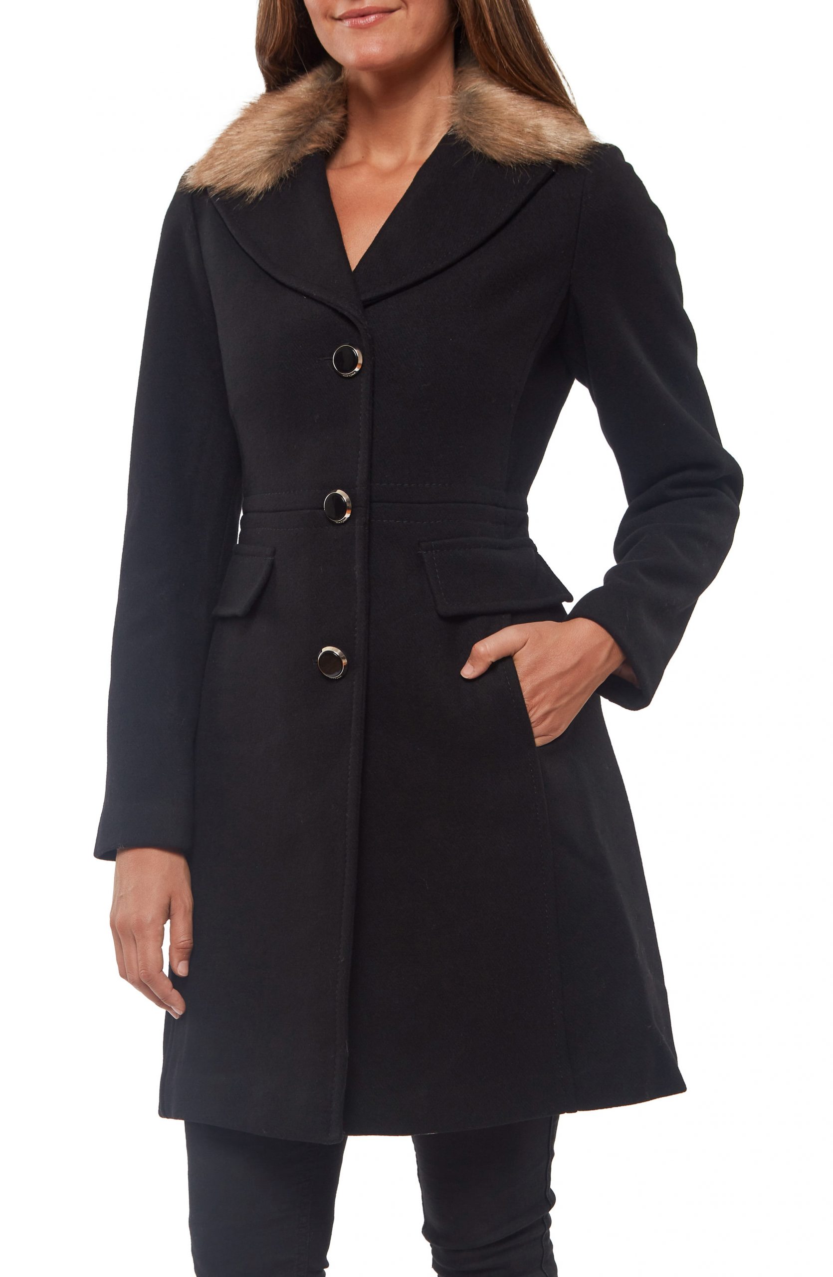 Women’s Kate Spade New York Faux Fur Collar Wool Blend Coat, Size ...