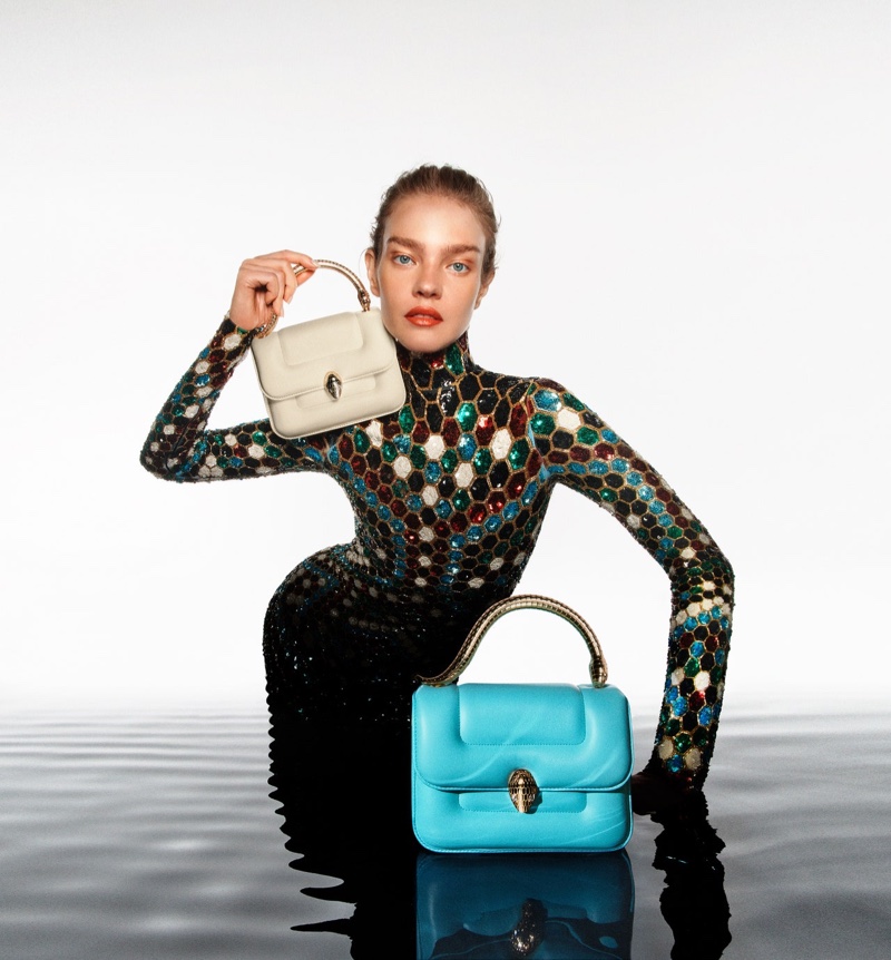 An image from Mary Katrantzou x Bulgari's Serpenti handbag campaign.