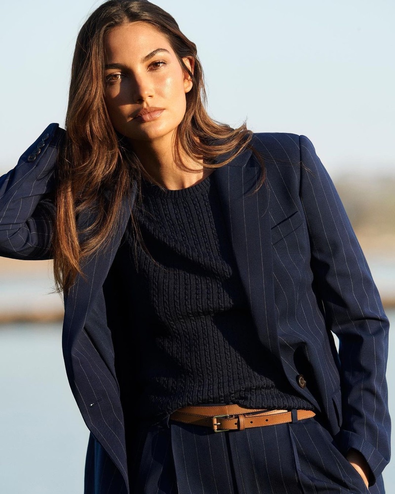 Lily Aldridge wears blazer stylings from Lauren Ralph Lauren spring 2021 collection.