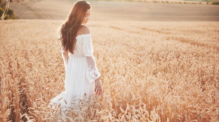 Model White Dress Lace Detail Wheat Field Sun Fashion