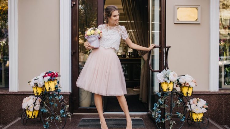 Woman Pink Tulle Skirt Flowers Front Door