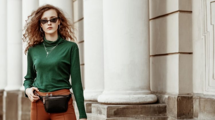 Green Top Brown Pants Belt Bag Trendy Outfit Model