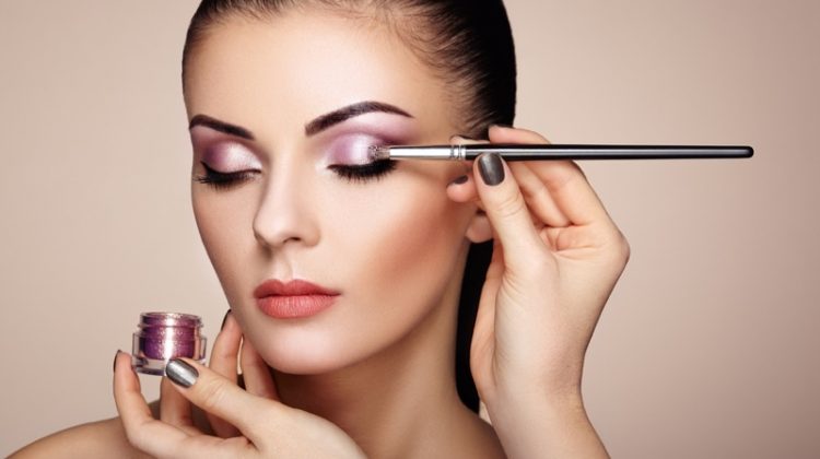 Model Glitter Pink Eyeshadow Applied Brush Makeup Beauty