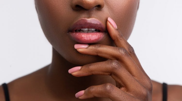 Closeup Black Woman Pink Manicure Glossy Lips